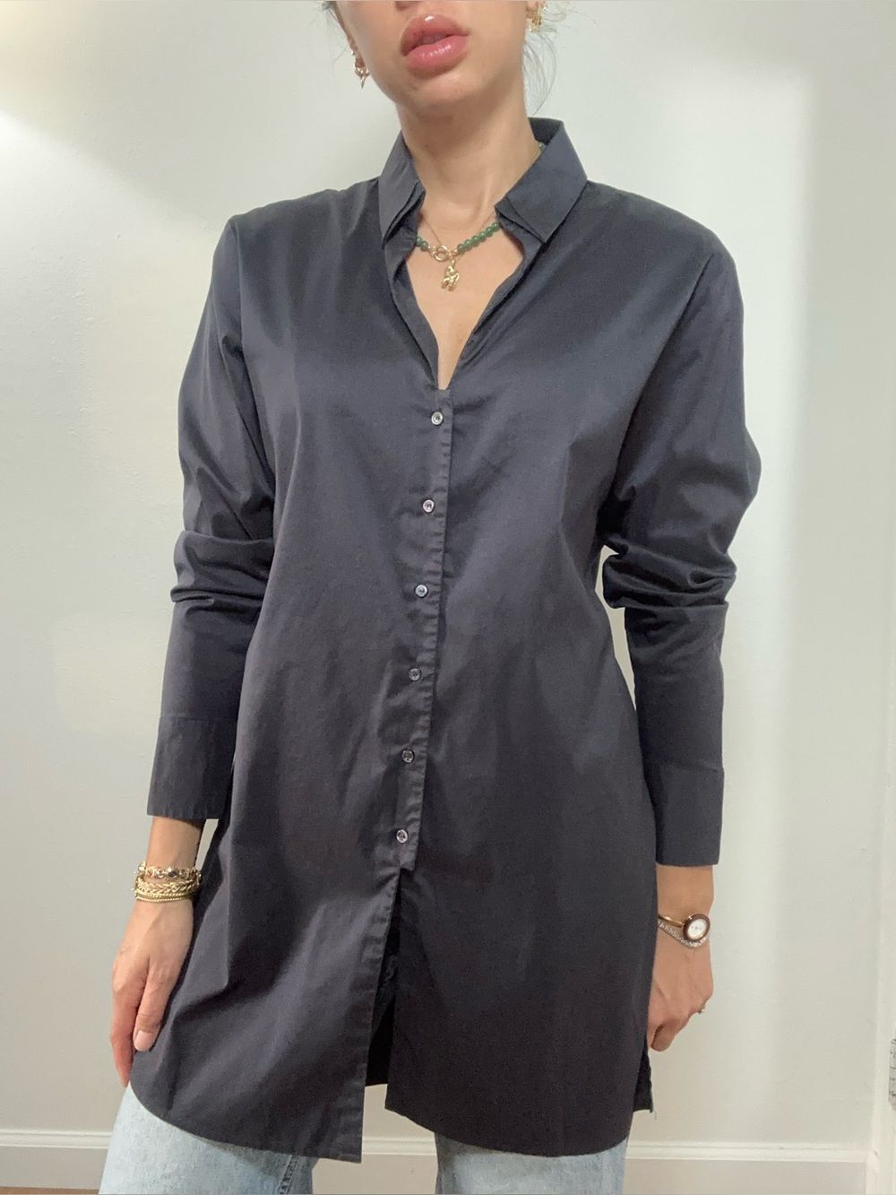 Hugo Boss Black Long Sleeve Long Line Button Front Shirt Collared Size 8